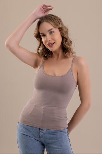 BAYKAR Rope Strap Oval Collar Cotton Basic Women's Undershirt 6305 Coffee