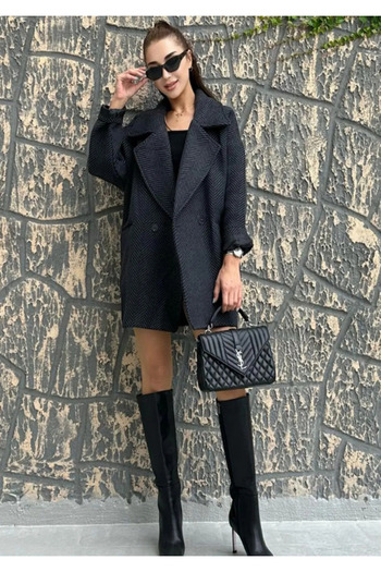 Moda Palmiss Γυναικείο παλτό με μοτίβο ανθρακί ψαροκόκαλο με επένδυση Oversize