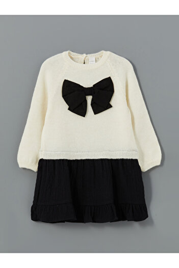 LC Waikiki Crew Neck Knitwear Ribbon Detailed Baby Girl Dress