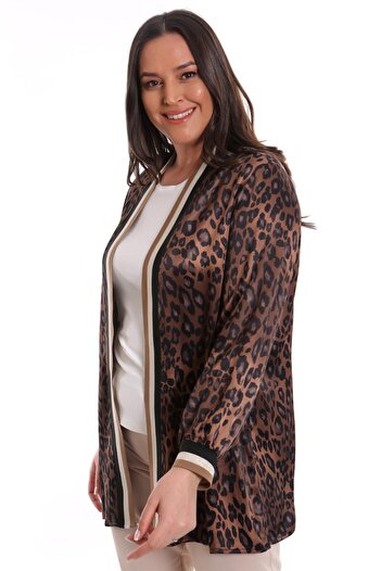 Metpoint Plus Size Leopard Pattern Brown Collar Banded Jacket