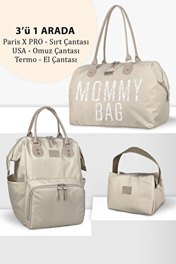 Stylo X Pro Beige Mother Baby Backpack Shoulder Bag and Bottle Holder Bag Set of 3
