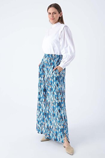 ALLDAY Dark Blue-Ecru-Printed Wide Leg Viscose Linen Trousers with Slit Leg Elastic Waist