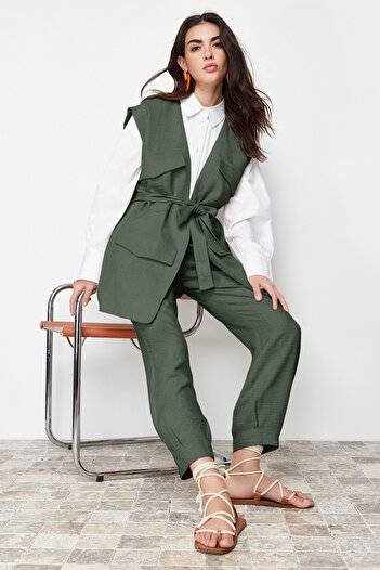 Trendyol Modest Khaki Linen Woven Vest and Trousers Set - Tctss24Us00023
