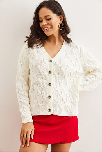 Olalook Women's Ecru Hair Braided Knitwear Cardigan Hrk- 19000298