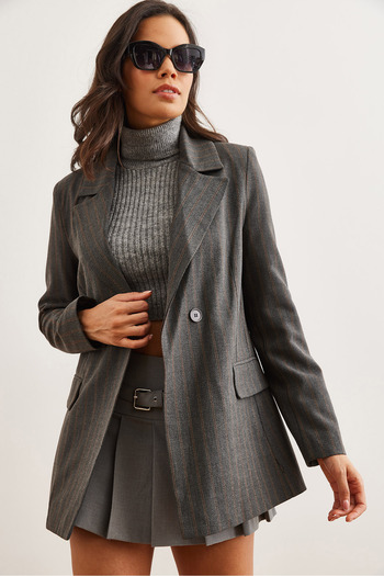 Olalook Women's Striped Gray Single Button Lined Oversize Blazer Jacket Ckt- 19000423