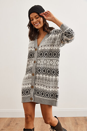 Olalook Women's Gray Ethnic Patterned Oversize Knitwear Cardigan Hrk- 19000300