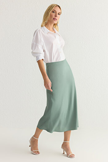 Trendyol Collection Khaki A-Line Satin Fabric Midi Length Woven Skirt Twoss24Et00162
