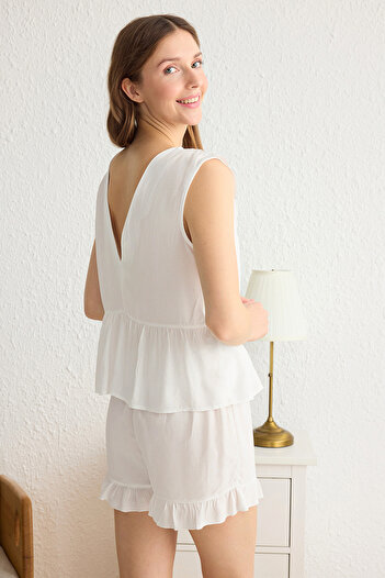 Trendyol Collection Ecru Ruffle and Lacing Detail Viscose Shorts Woven Pajamas Set Thmss25Pt00057