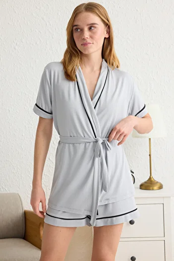 Trendyol Collection Single Jersey Viscose Gray Melange Knitted Pajamas - Thmss25Pt00111