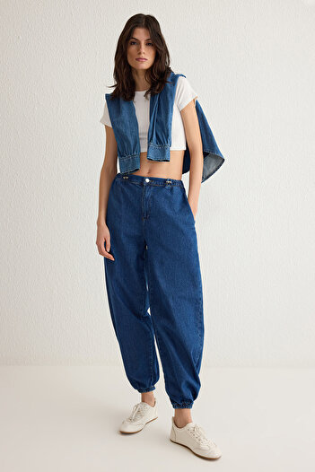Trendyol Collection Dark Blue Elastic Waist High Waist Balloon Jogger Jeans Twoss25Je00008