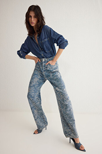 Trendyol Collection Kék texturált alacsony derékú baggy farmer TWOSS25JE00044
