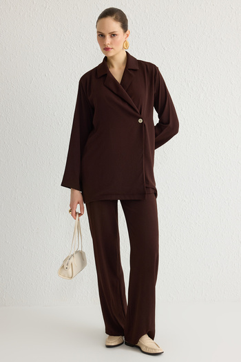 Trendyol Modest Καφέ λινό look με διπλό στήθος υφαντό στο κάτω μέρος TCTSS25US00001