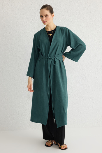 Trendyol Modest Indigo Linen Tkané Detailní Kimono & Kaftan - Detail kravaty Tctss24Kk00001