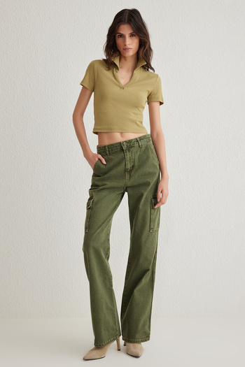 Trendyol Collection Khaki Cargo Pockets High Waist Wide Leg Jeans Twoss25Je00009
