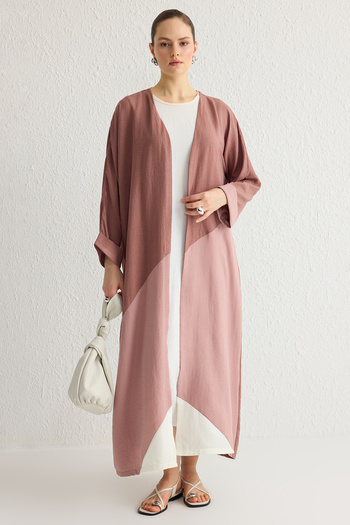 Trendyol Modest Dusty Rose Color Block Long Woven Cap & Ferace Tctss24Kf00002
