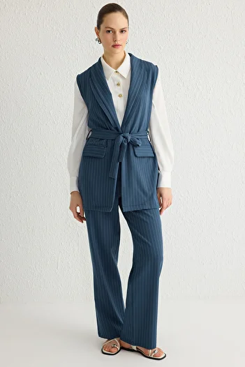 Trendyol Modest Navy Blue Pocket Detailed Striped Vest Pants Woven Bottom-Top Suit Tctss25Us00006