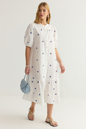 Trendyol Collection Ecru Floral Embroidery Midi Woven Shirt Dress Twoss25El00039
