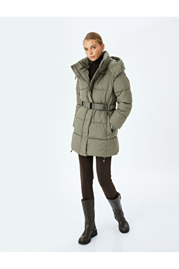 Koton Long Puffer Jacket with Pockets and Hooded Belt