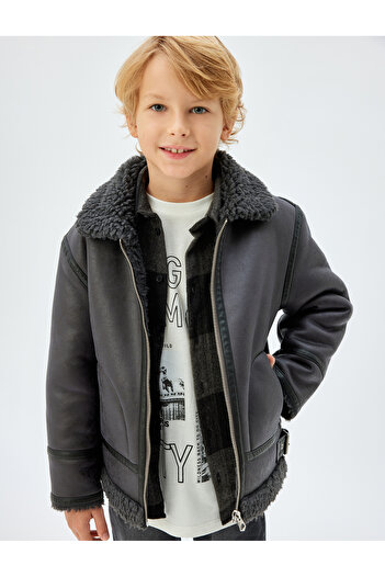 Koton Biker Jacket - Leather Look, Faux Fur, Collar Detail and Zipper