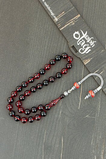 Tesbih Otağı Globe Cut Special Design Silver Tufted Fire Amber Prayer Beads