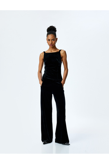 Koton Slim Fit Thick Sling Velvet Blouse with Bow Detail on the Back