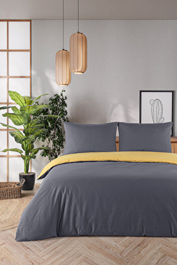 Evim 100% Cotton Akfil Duvet Cover Set 160X220 cm Anthracite Mustard