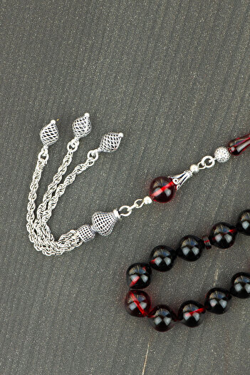Tesbih Otağı Sphere Cut Fire Amber 925 Sterling Silver Tasseled Rosary