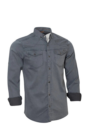 TARZZİNG Men's Long Sleeve Double Pocket Lycra Denim Shirt
