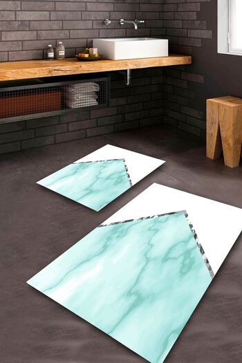 Aldora White-Blue Non-Slip Sole Design Bathroom Mat Set Bps-5577