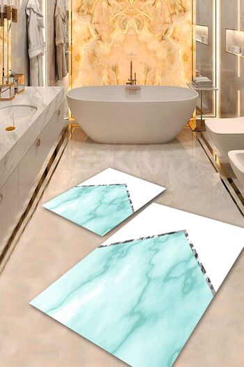 Aldora White-Blue Non-Slip Sole Design Bathroom Mat Set Bps-5577
