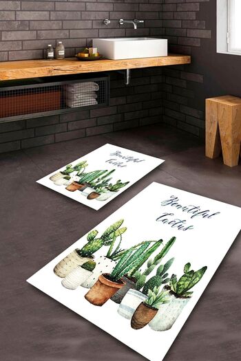 Aldora White Non-Slip Base Cactus Bathroom Mat Set Bps-1065