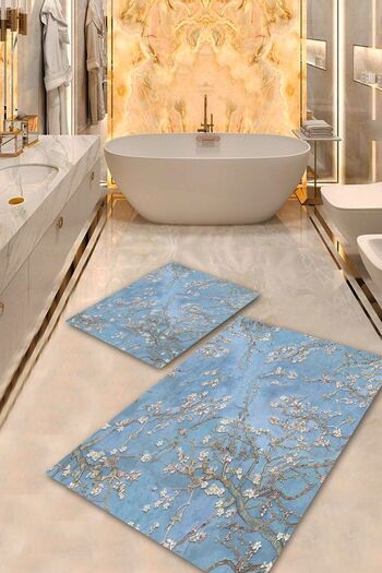 Aldora Blue Non-Slip Base Flower Bathroom Mat Set Bps-1556
