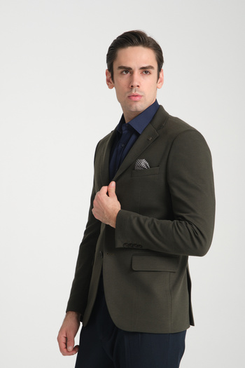 Frappoli Jasino Men's Navy Blue Cotton Lycra Slim Fit Knitted Stretch Mono Collar Blazer Jacket
