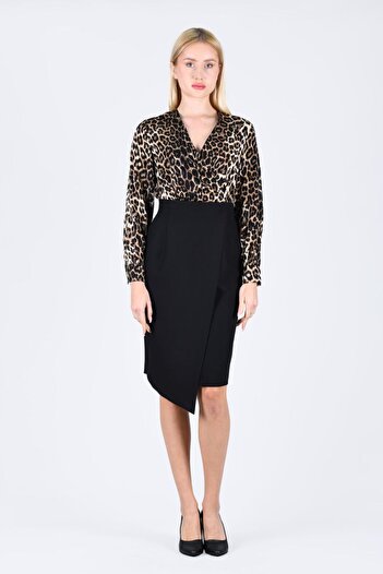 la luce Camel Siyah Çift Renk Leopar Desen Elbise - LE479