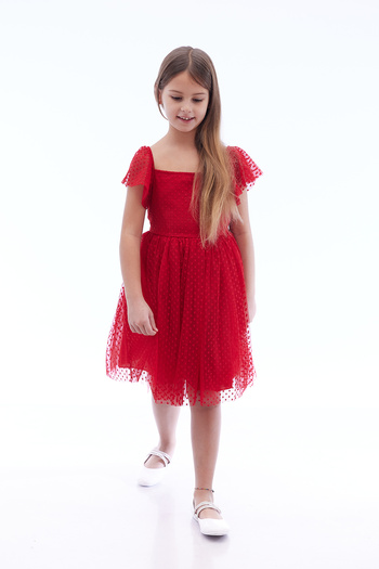 Ahengim Kids Kız Çocuk Kare Yaka Trend Tül Elbise AK2242