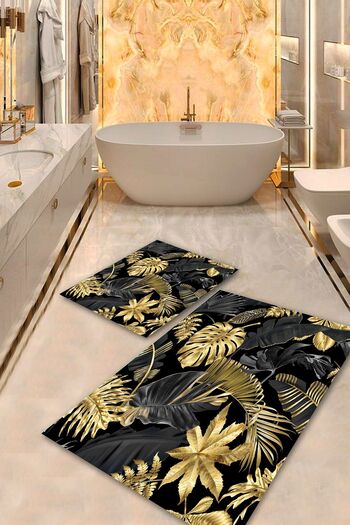 Aldora Machine Washable Stain Resistant Black-Gold Pvc Leather Leafless Bathroom Toilet Set Without Valance B