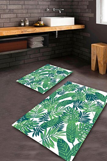 Aldora White-Green Non-Slip Base Leaf Bath Mat Set Bps-4323