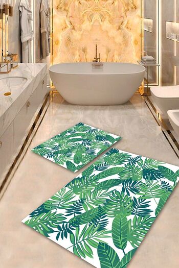 Aldora White-Green Non-Slip Base Leaf Bath Mat Set Bps-4323