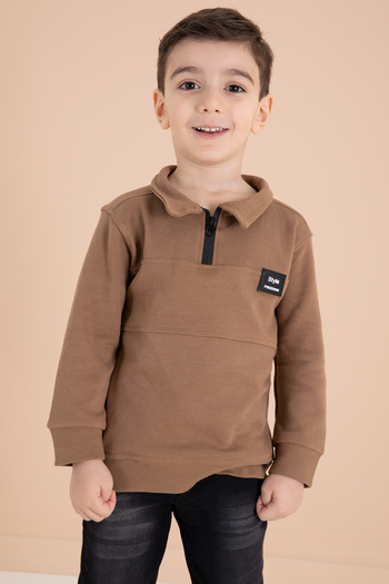 Cansın Mini Coffee Zipper Collar Sweatshirt and Jean Pants Boys' Suit 20108