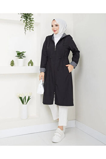 Brs Bondit Fabric Waterproof Zippered Hooded Pocket Trench Coat