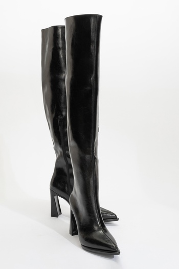 LuviShoes Γυναικείες μπότες πάνω από το γόνατο LEPA Μαύρο δέρμα με χοντρό τακούνι
