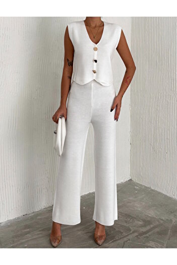 YUSUF CAN KARATAŞ KARATAŞ GİYİM Women's Double Knitwear Set - Vest and Trousers Cream Color, Standard Size Smlxl Matching