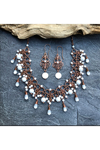 MODA Mother of Pearl Natural Stone Handmade Copper Wire Winding Necklace Earrings Set
