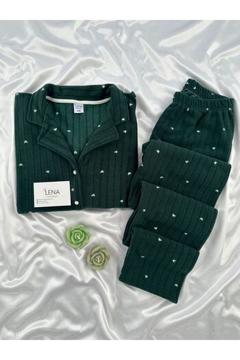 Lena Homewears Set de pijamale din lână simplă cu model de inimă de smarald