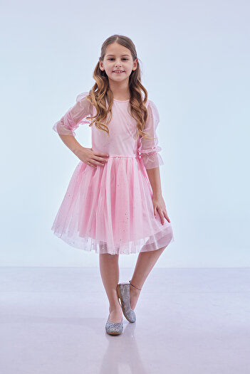 Ahengim Kids Kız Çocuk Yıldız Baskılı Tül Elbise AK2246