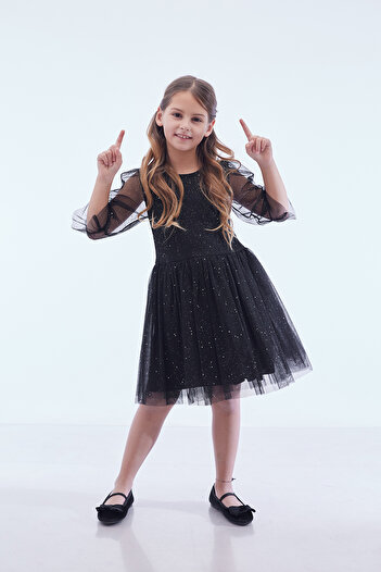 Ahengim Kids Kız Çocuk Yıldız Baskılı Trend Tül Elbise AK2246
