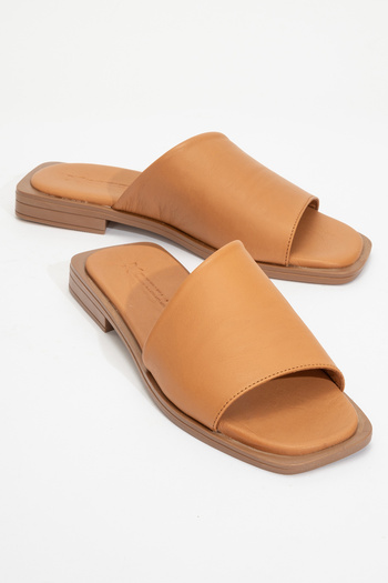 Dericlub Zy 8011 Taba - Real Leather Banded Women's Slippers