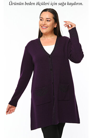Laden Women's Large Size Glitter Long Mother Medium Thick Special Knitwear Purple Cardigan