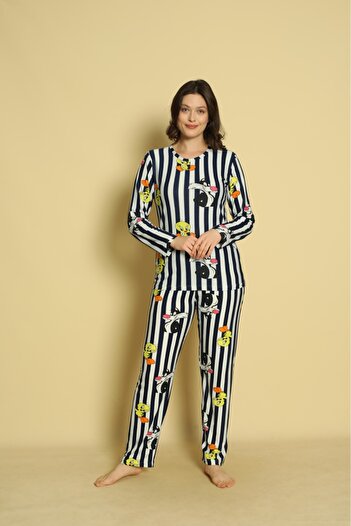CALİA Women's Crew Neck Christmas Special Suede Soft Fabric Long Sleeve Pajamas Set