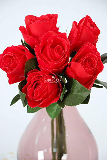 Yapay Çiçek Deposu Artificial Luxury 6 Wet Rose Bunch 28 cm Red